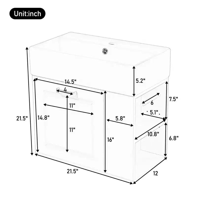 Bathroom Vanity 21.8-Inch with Sink, Wall-Mounted Floating Cabinet, Large Drawer, Adjustable Shelves, Toilet Paper Holder, Soft-Close System