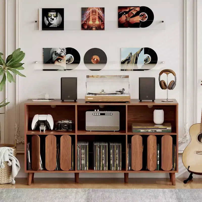 55 Mid-Century Modern Record Stand with Charging Station,Rustic Wood Turntable Cabinet, Open Shelves for Vinyl Storage