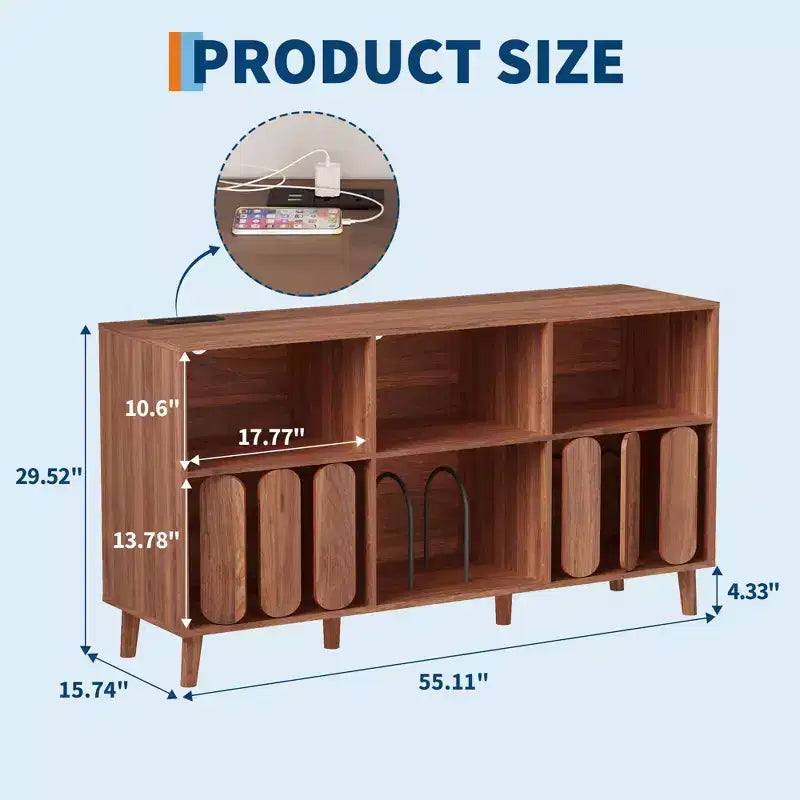 55 Mid-Century Modern Record Stand with Charging Station,Rustic Wood Turntable Cabinet, Open Shelves for Vinyl Storage