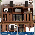 55 Mid-Century Modern Record Stand with Charging Station,Rustic Wood Turntable Cabinet, Open Shelves for Vinyl Storage