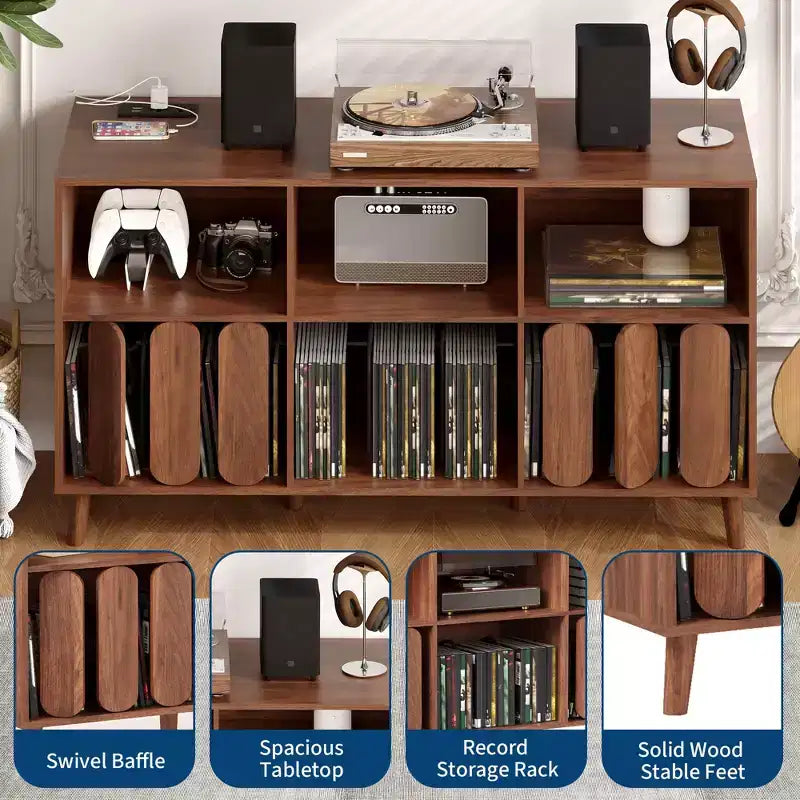 55 Mid-Century Modern Record Stand with Charging Station,Rustic Wood Turntable Cabinet, Open Shelves for Vinyl Storage