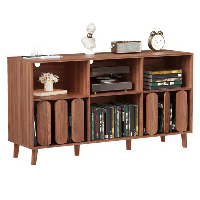 55 Mid-Century Modern Record Stand with Charging Station,Rustic Wood Turntable Cabinet, Open Shelves for Vinyl Storage