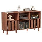55 Mid-Century Modern Record Stand with Charging Station,Rustic Wood Turntable Cabinet, Open Shelves for Vinyl Storage