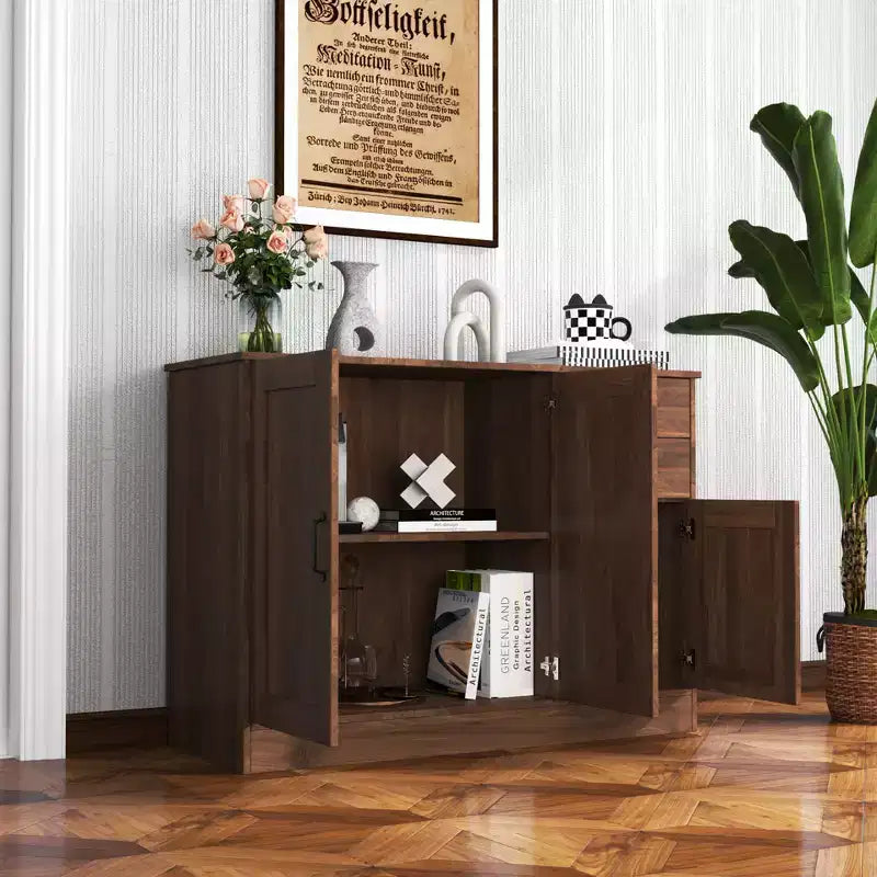 sumyeg Modern Wood Buffet Cabinet with 2 Doors, 2 Drawers and Open Storage, 43.3 Inch Console