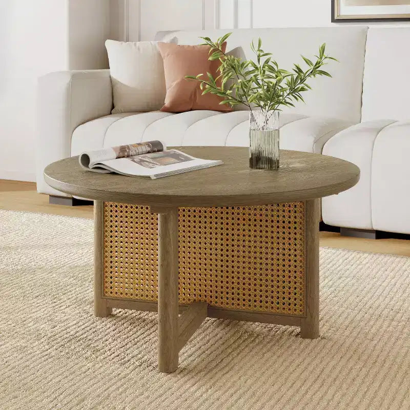 32 Modern Small Round Coffee Table with Rattan Woven Design, Wood Crossed-Base Accent Center Table for Living Room or Small Spaces-Panipeachy