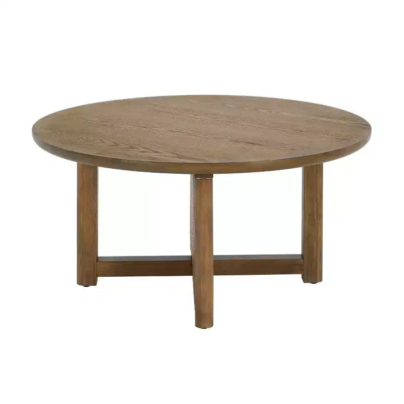 32 Modern Small Round Coffee Table with Rattan Woven Design, Wood Crossed-Base Accent Center Table for Living Room or Small Spaces-Panipeachy