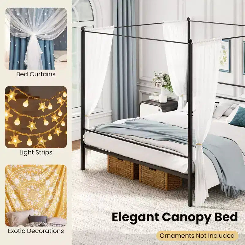 Costway King Metal Canopy Platform Bed Frame Mattress Foundation w/ Slat Support