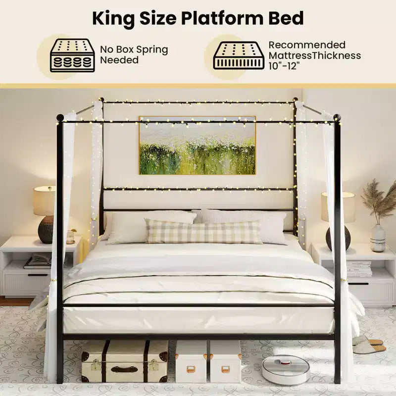 Costway King Metal Canopy Platform Bed Frame Mattress Foundation w/ Slat Support