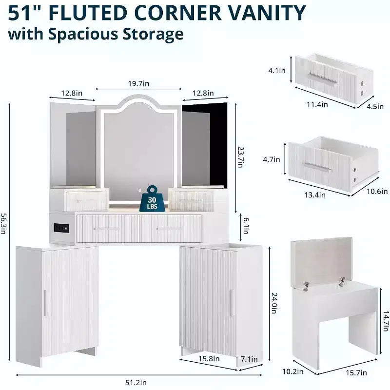 BALHAM TRADE-Vanity Desk with HD Mirror and Lights with Charging Port 4 Drawers 2 Storage Cabinets