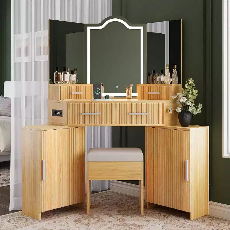 BALHAM TRADE-Vanity Desk with HD Mirror and Lights with Charging Port 4 Drawers 2 Storage Cabinets
