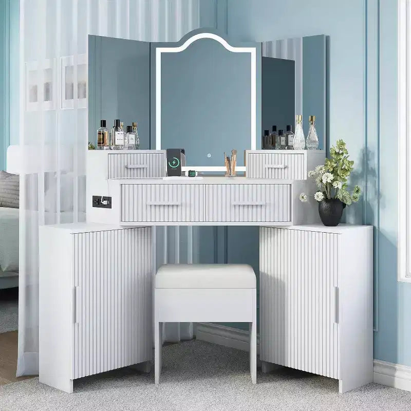 BALHAM TRADE-Vanity Desk with HD Mirror and Lights with Charging Port 4 Drawers 2 Storage Cabinets