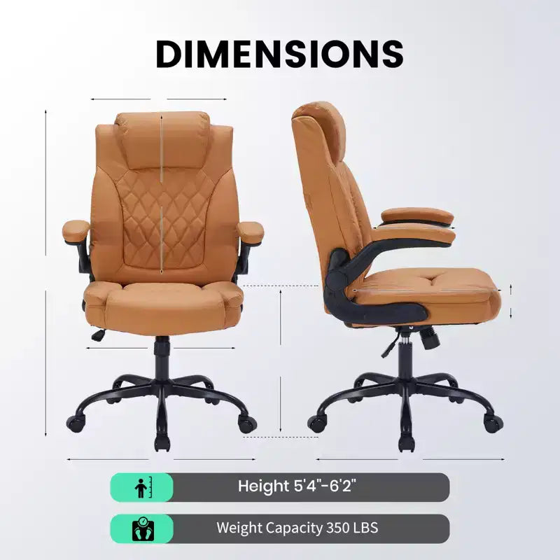 Leather Executive Office Chair, 350Lbs Heavy Duty Ergonomic Desk Chair with Lumbar Support, Padded Flip-Up Arms, Tilt Lock & 360 Swivel