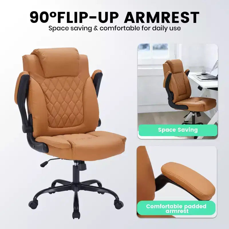 Leather Executive Office Chair, 350Lbs Heavy Duty Ergonomic Desk Chair with Lumbar Support, Padded Flip-Up Arms, Tilt Lock & 360 Swivel