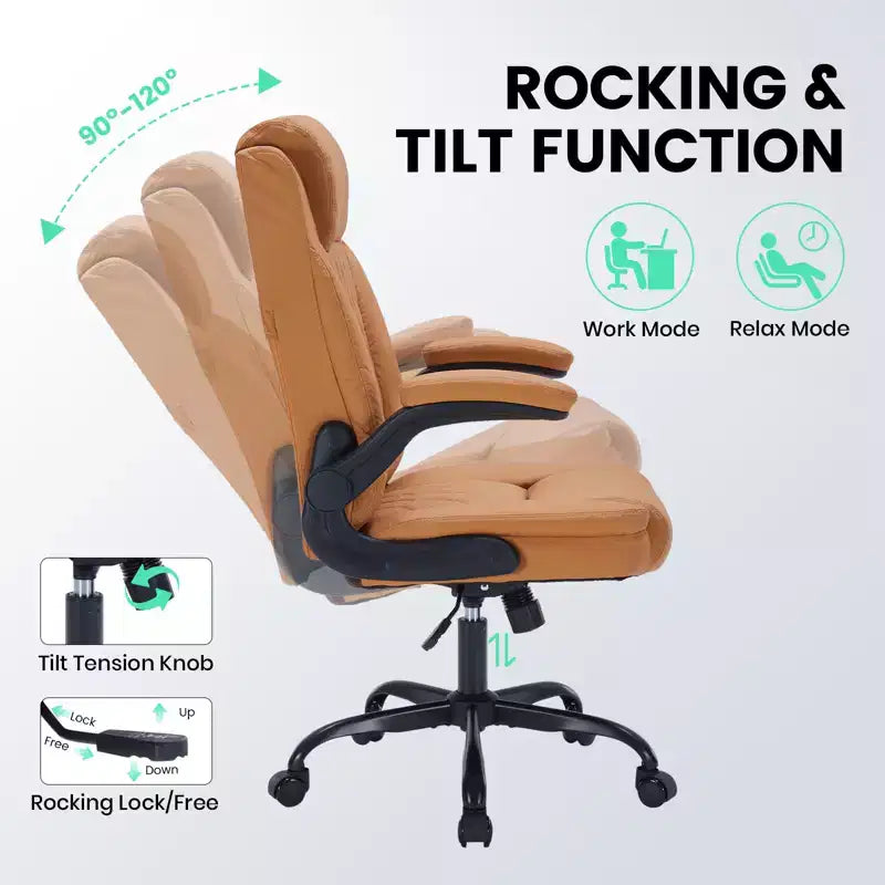Leather Executive Office Chair, 350Lbs Heavy Duty Ergonomic Desk Chair with Lumbar Support, Padded Flip-Up Arms, Tilt Lock & 360 Swivel