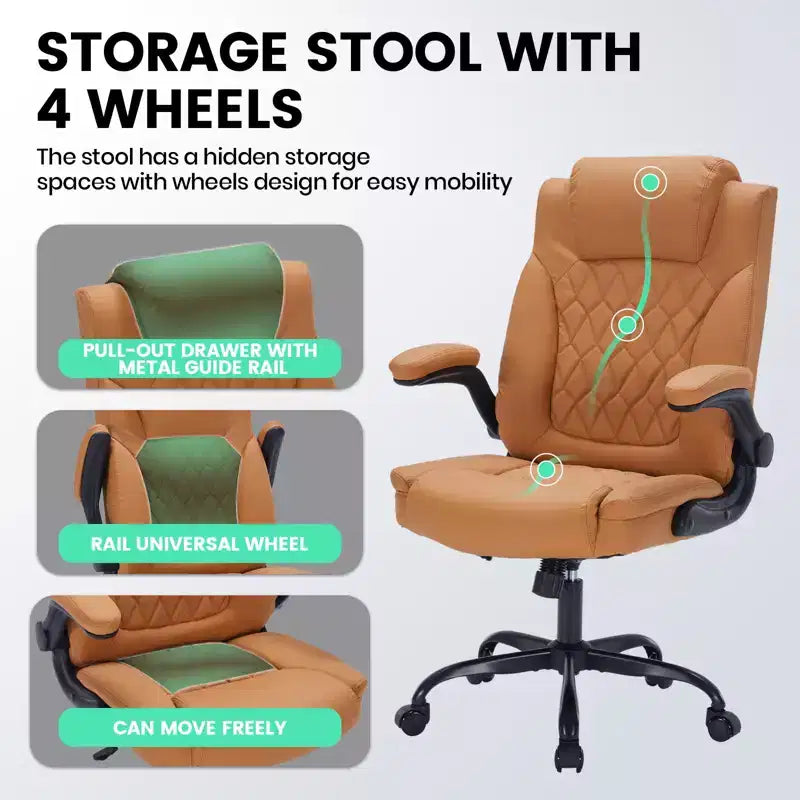 Leather Executive Office Chair, 350Lbs Heavy Duty Ergonomic Desk Chair with Lumbar Support, Padded Flip-Up Arms, Tilt Lock & 360 Swivel
