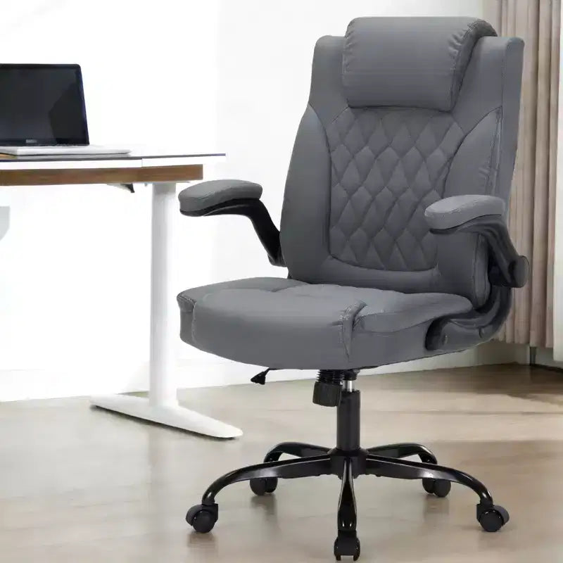 Leather Executive Office Chair, 350Lbs Heavy Duty Ergonomic Desk Chair with Lumbar Support, Padded Flip-Up Arms, Tilt Lock & 360 Swivel