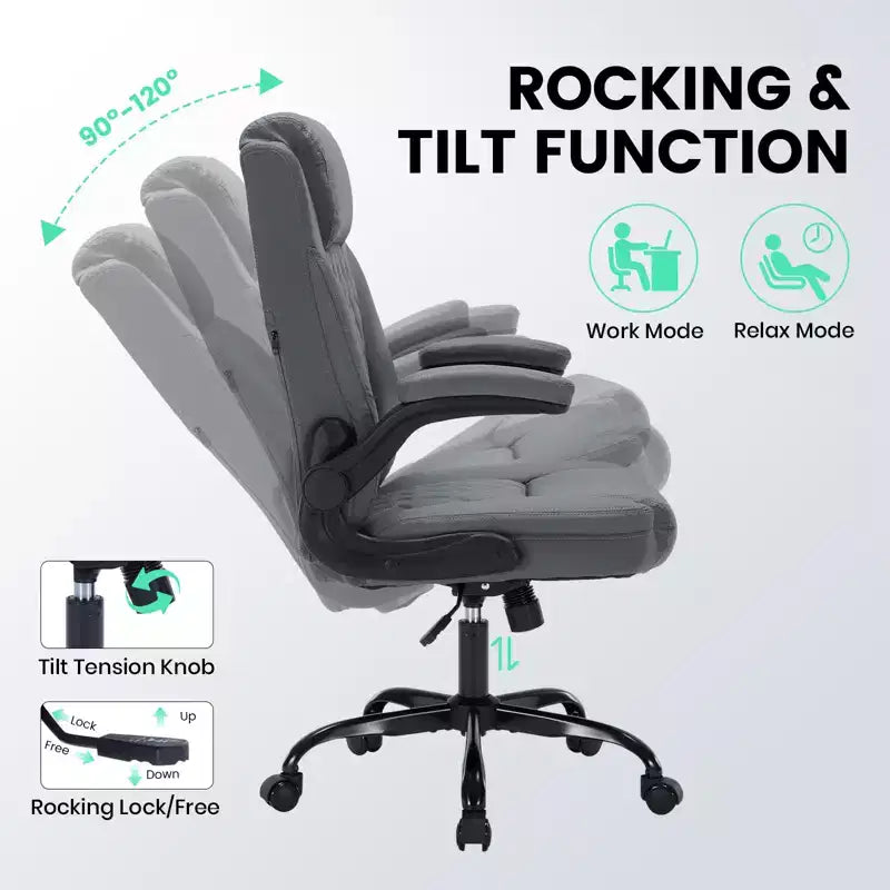 Leather Executive Office Chair, 350Lbs Heavy Duty Ergonomic Desk Chair with Lumbar Support, Padded Flip-Up Arms, Tilt Lock & 360 Swivel