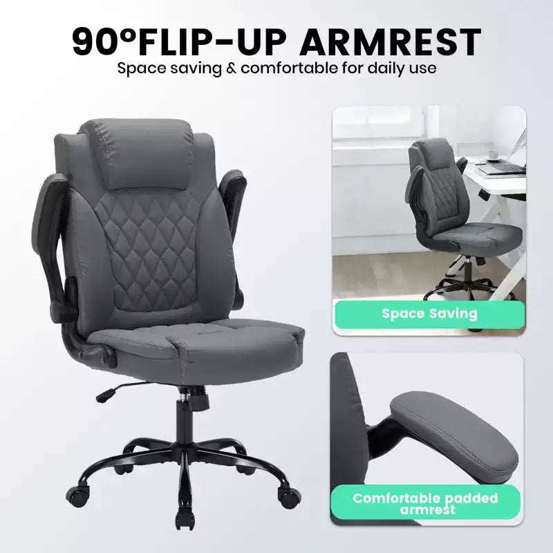 Leather Executive Office Chair, 350Lbs Heavy Duty Ergonomic Desk Chair with Lumbar Support, Padded Flip-Up Arms, Tilt Lock & 360 Swivel