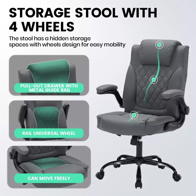 Leather Executive Office Chair, 350Lbs Heavy Duty Ergonomic Desk Chair with Lumbar Support, Padded Flip-Up Arms, Tilt Lock & 360 Swivel