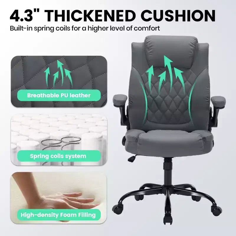 Leather Executive Office Chair, 350Lbs Heavy Duty Ergonomic Desk Chair with Lumbar Support, Padded Flip-Up Arms, Tilt Lock & 360 Swivel