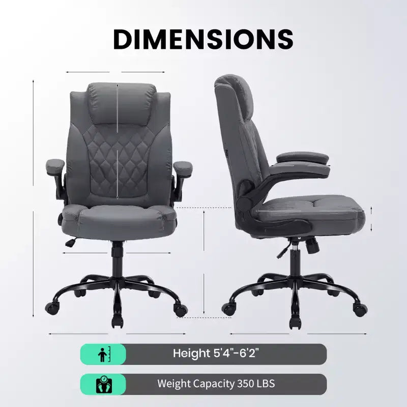 Leather Executive Office Chair, 350Lbs Heavy Duty Ergonomic Desk Chair with Lumbar Support, Padded Flip-Up Arms, Tilt Lock & 360 Swivel