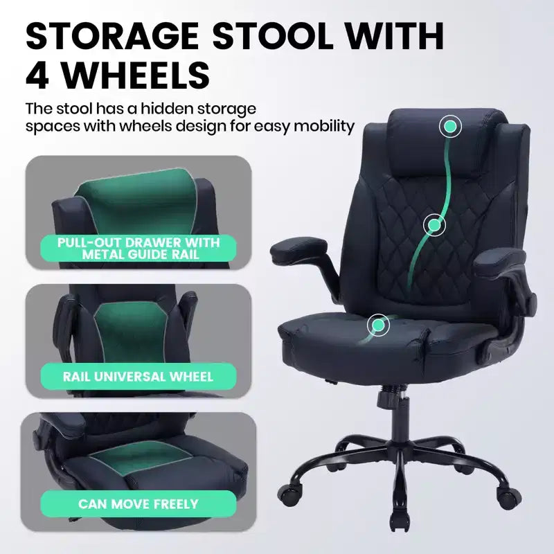 Leather Executive Office Chair, 350Lbs Heavy Duty Ergonomic Desk Chair with Lumbar Support, Padded Flip-Up Arms, Tilt Lock & 360 Swivel