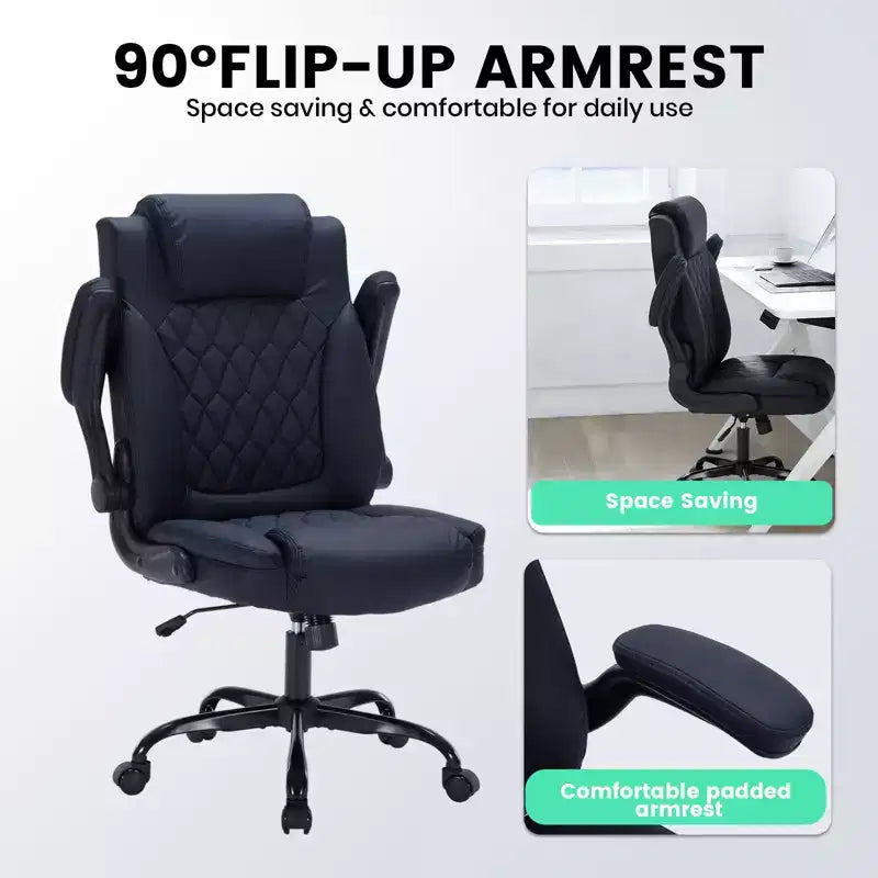 Leather Executive Office Chair, 350Lbs Heavy Duty Ergonomic Desk Chair with Lumbar Support, Padded Flip-Up Arms, Tilt Lock & 360 Swivel