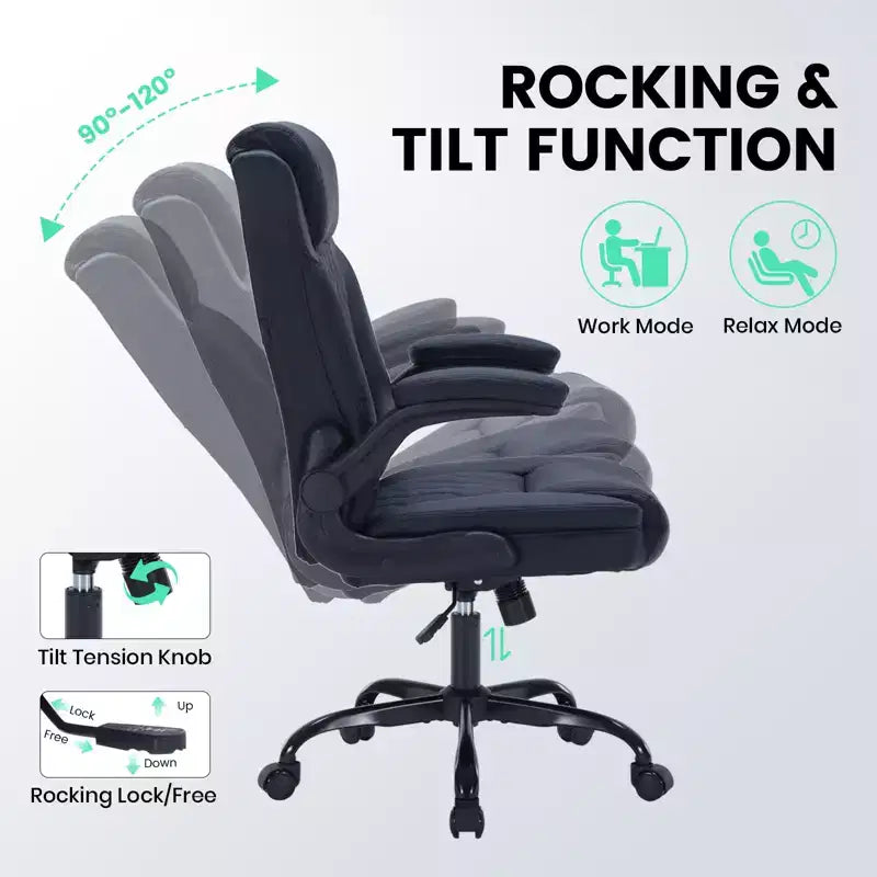 Leather Executive Office Chair, 350Lbs Heavy Duty Ergonomic Desk Chair with Lumbar Support, Padded Flip-Up Arms, Tilt Lock & 360 Swivel