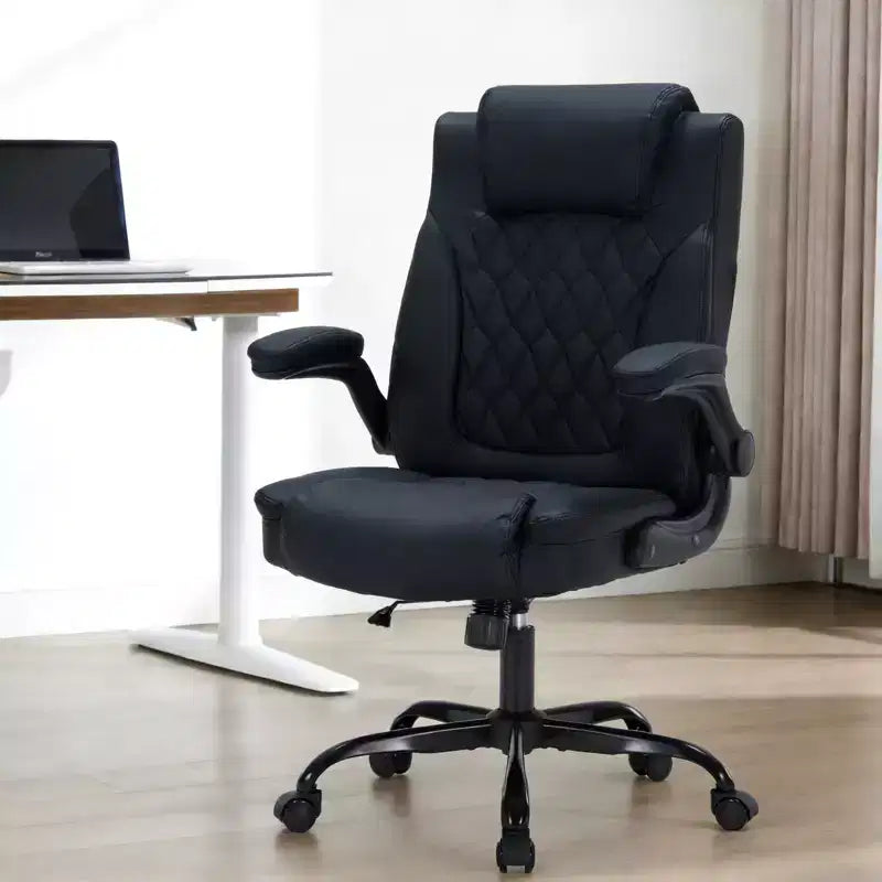 Leather Executive Office Chair, 350Lbs Heavy Duty Ergonomic Desk Chair with Lumbar Support, Padded Flip-Up Arms, Tilt Lock & 360 Swivel