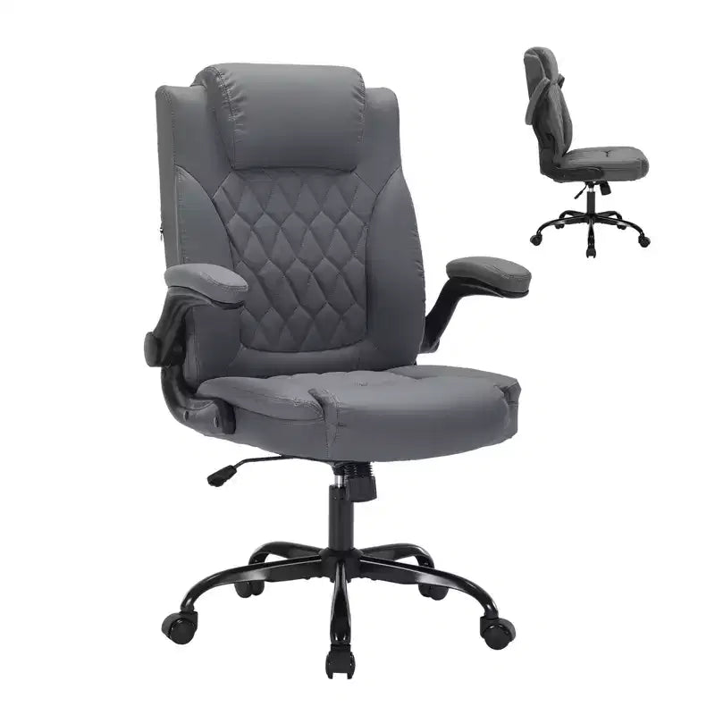Leather Executive Office Chair, 350Lbs Heavy Duty Ergonomic Desk Chair with Lumbar Support, Padded Flip-Up Arms, Tilt Lock & 360 Swivel