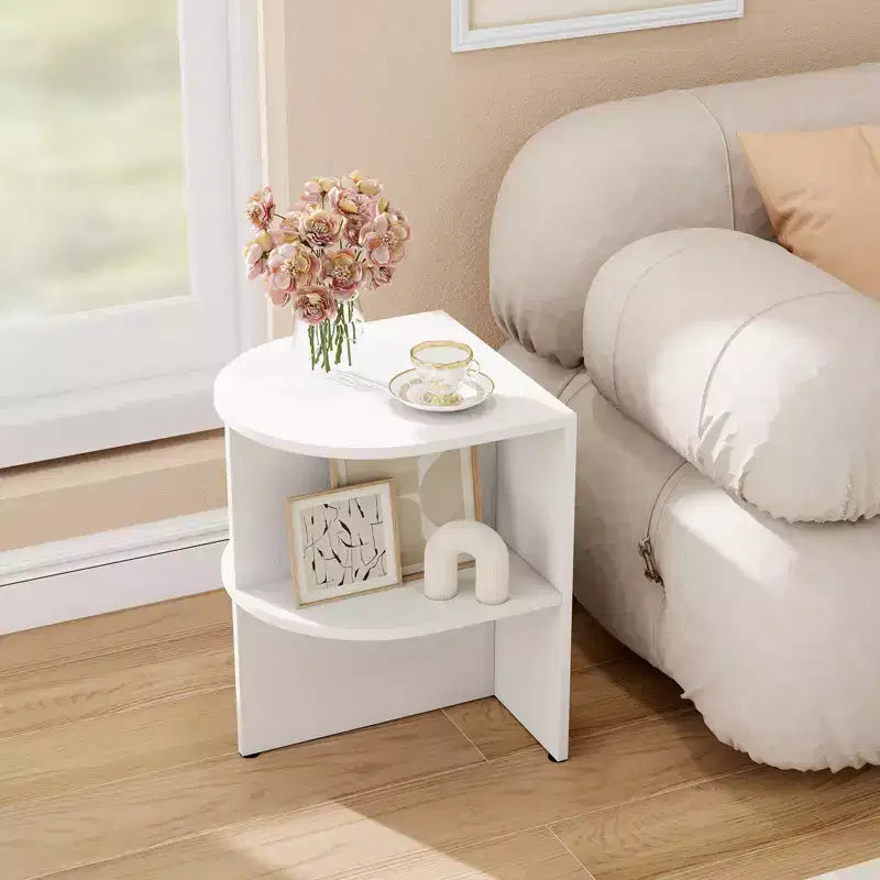 Costway Half Round Side Table 2-tier Wooden Nightstand w/Open Storage Shelves White