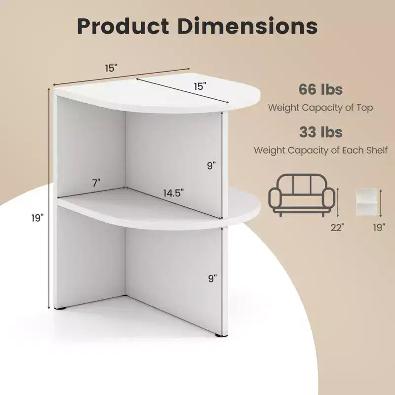 Costway Half Round Side Table 2-tier Wooden Nightstand w/Open Storage Shelves White