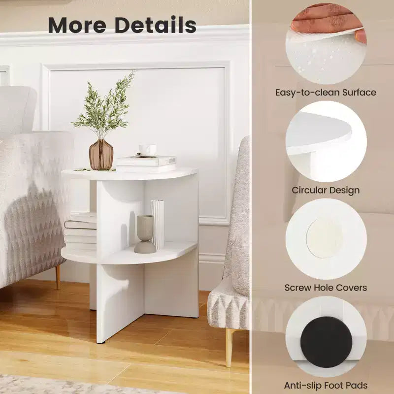 Costway Half Round Side Table 2-tier Wooden Nightstand w/Open Storage Shelves White