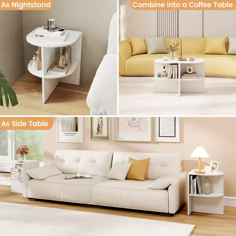 Costway Half Round Side Table 2-tier Wooden Nightstand w/Open Storage Shelves White