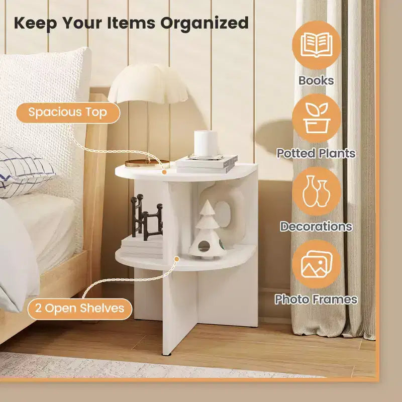 Costway Half Round Side Table 2-tier Wooden Nightstand w/Open Storage Shelves White