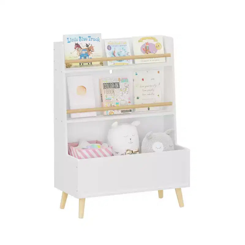 VIYET 37 Kids Bookshelf & Toy Organizer - White MDF+Pine Legs, 2 Shelves, Storage Bin, Anti-Tipping