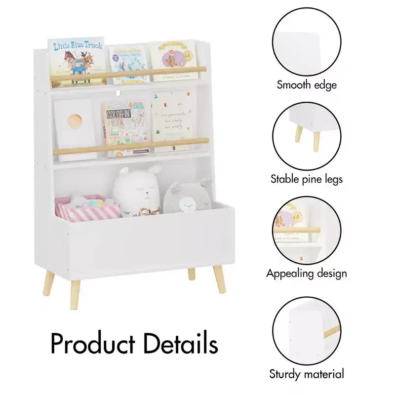 VIYET 37 Kids Bookshelf & Toy Organizer - White MDF+Pine Legs, 2 Shelves, Storage Bin, Anti-Tipping