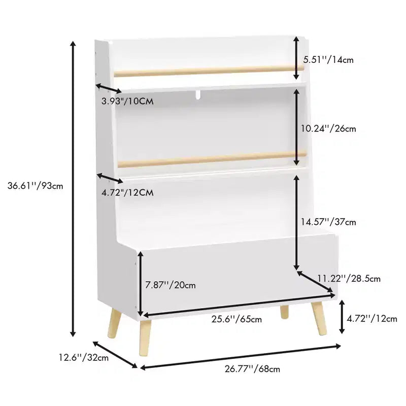 VIYET 37 Kids Bookshelf & Toy Organizer - White MDF+Pine Legs, 2 Shelves, Storage Bin, Anti-Tipping