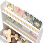 VIYET 37 Kids Bookshelf & Toy Organizer - White MDF+Pine Legs, 2 Shelves, Storage Bin, Anti-Tipping