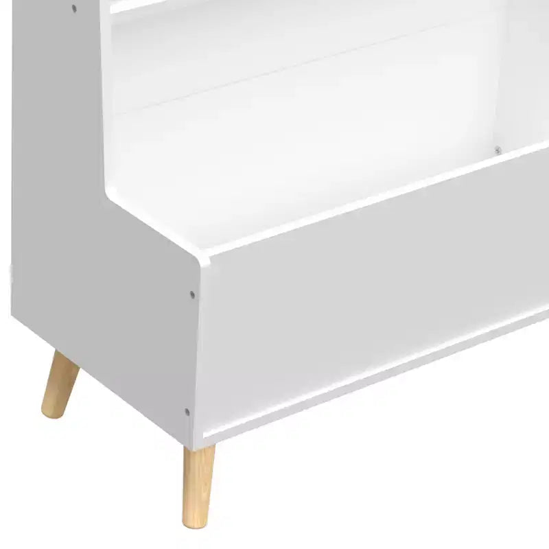 VIYET 37 Kids Bookshelf & Toy Organizer - White MDF+Pine Legs, 2 Shelves, Storage Bin, Anti-Tipping