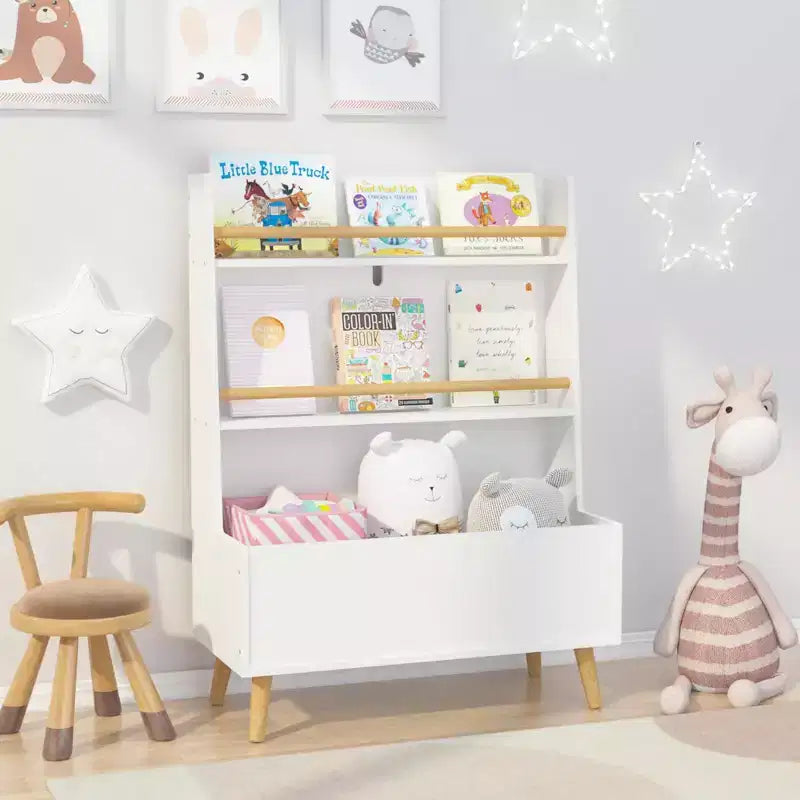 VIYET 37 Kids Bookshelf & Toy Organizer - White MDF+Pine Legs, 2 Shelves, Storage Bin, Anti-Tipping