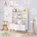 VIYET 37 Kids Bookshelf & Toy Organizer - White MDF+Pine Legs, 2 Shelves, Storage Bin, Anti-Tipping
