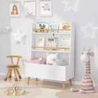 VIYET 37 Kids Bookshelf & Toy Organizer - White MDF+Pine Legs, 2 Shelves, Storage Bin, Anti-Tipping