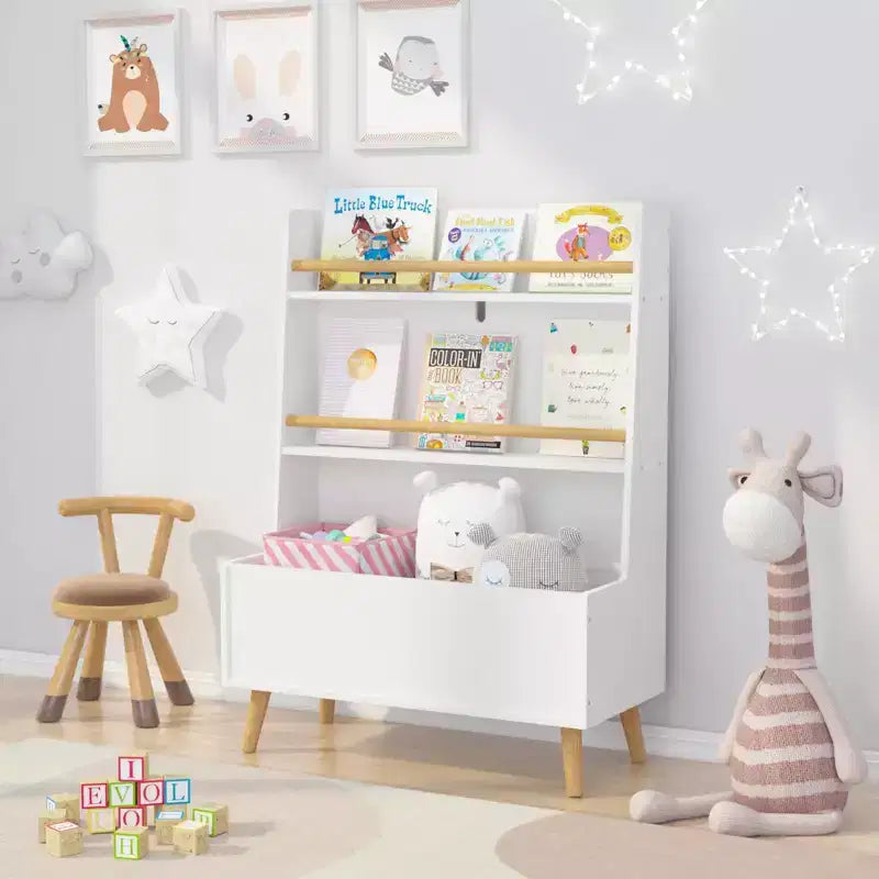 VIYET 37 Kids Bookshelf & Toy Organizer - White MDF+Pine Legs, 2 Shelves, Storage Bin, Anti-Tipping