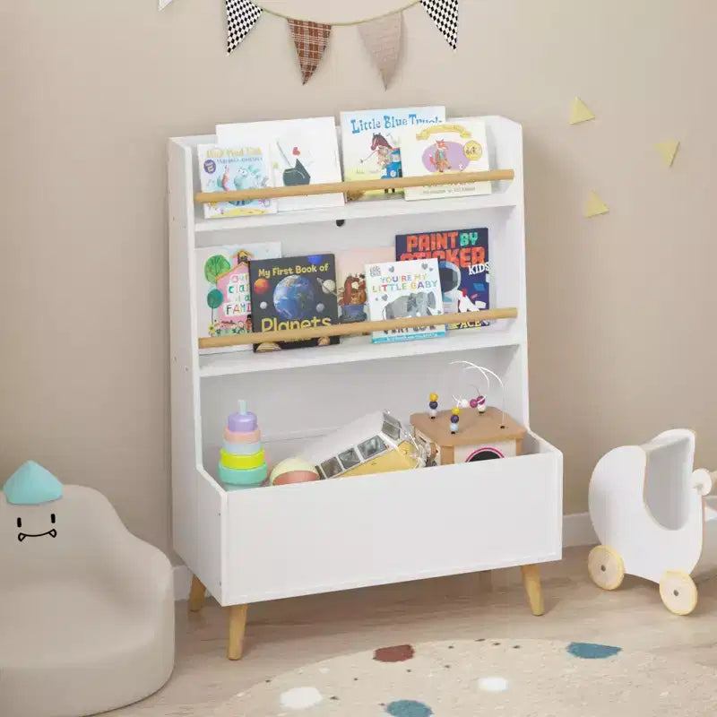 VIYET 37 Kids Bookshelf & Toy Organizer - White MDF+Pine Legs, 2 Shelves, Storage Bin, Anti-Tipping