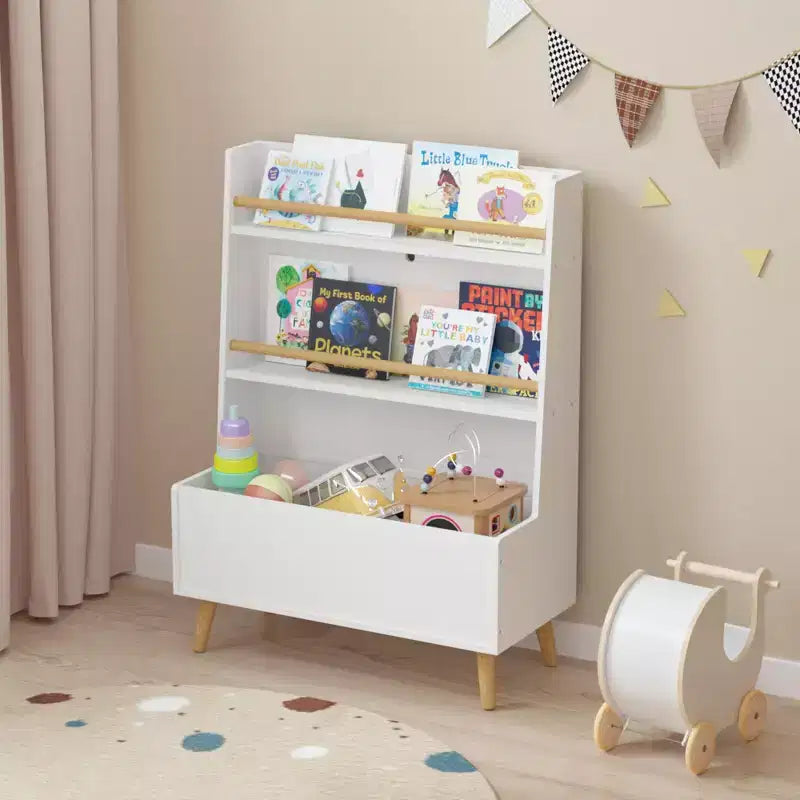 VIYET 37 Kids Bookshelf & Toy Organizer - White MDF+Pine Legs, 2 Shelves, Storage Bin, Anti-Tipping