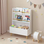 VIYET 37 Kids Bookshelf & Toy Organizer - White MDF+Pine Legs, 2 Shelves, Storage Bin, Anti-Tipping