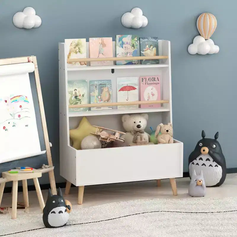 VIYET 37 Kids Bookshelf & Toy Organizer - White MDF+Pine Legs, 2 Shelves, Storage Bin, Anti-Tipping