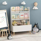 VIYET 37 Kids Bookshelf & Toy Organizer - White MDF+Pine Legs, 2 Shelves, Storage Bin, Anti-Tipping
