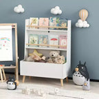 VIYET 37 Kids Bookshelf & Toy Organizer - White MDF+Pine Legs, 2 Shelves, Storage Bin, Anti-Tipping